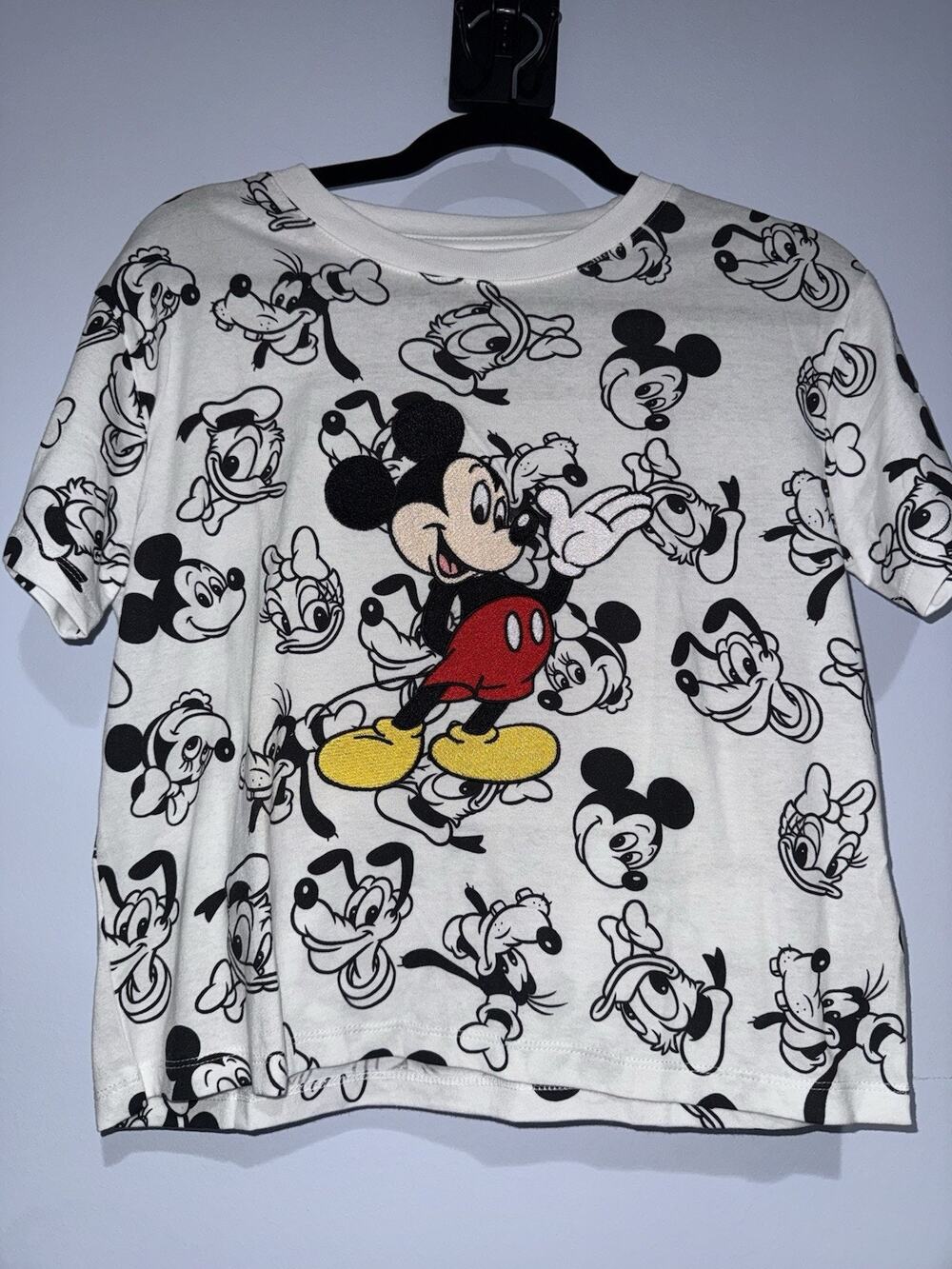 Disney Mickey Mouse Cropped T-Shirt Allover Print Embroidered Mickey Sz Small